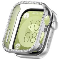 Blizgus PC dėklas Huawei Watch Fit 3, dviguba eilė deimantų kristalo PC apsauginis dangtelis, laikrodžio apyrankės apsauga for Huawei Fit 3 beige