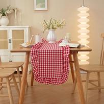 Washed Cotton Table Runner Gingham Check Ruffle Edge Runner Washed Cotton Ruffle Rectangular Soft French Vintage Gingham Table