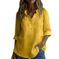 Loose Casual Vintage Button Floral Embroidery Ruffle Edge Long Sleeve Shirt Blouse for Women Lightweight Breathable Top M