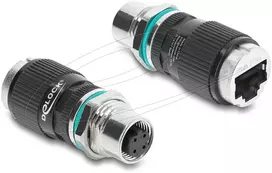 Delock M12 adapteris su koduote D, 4 kontaktų lizdas į RJ45 lizdą, skirta montuoti apvalus tiesus (90663)