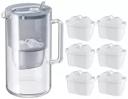 Vandens filtravimo ąsotis Aquaphor Glass 2,5L, pilkas, su 6 vnt vandens filtrų