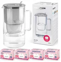 Vandens filtravimo ąsotis Aquaphor Glass 2,5L, pilkas, su 4 vnt vandens filtrų