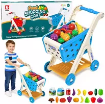 Lean Toys Vaikiškas pirkinių vežimėlis su priedais, mėlynas, 42 × 28 × 48 cm, 26 dalių