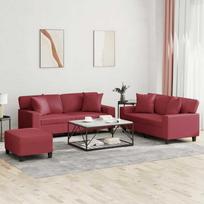 Sofa Sofos komplektas su pagalvėmis, 3 dalių, vyno, dirbtinė oda