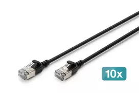 DIGITUS CAT 6A F/FTP plonas jungiamasis laidas, 0,3 m, juodas, 10 vnt. pakuotė, LSZH, 10Gbps, 500MHz