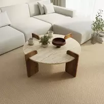 Kavos staliukas, „Hanah Home“, travertinas, riešutmedis, 90 x 35 x 90