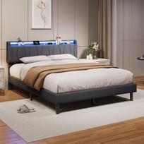 Apmušta dvigulė lova 160x200cm su LED ir USB, grotelių pagrindas, lengvai surenkama, lininė, pilka