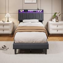Viengulė lova 90x200cm su LED ir USB, viengulė lova su grotelių pagrindu, lengvai surenkama, lininė, pilka