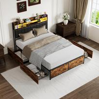 Apmušta lova 140x200cm su 4 stalčiais, lova su LED ir USB, medinis grotelių pagrindas, PU, ​​​​juoda + ruda
