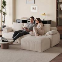 Modulinė L formos kampinė sofa, 3 atlošais ir 4 pagalvėlėmis, aksominiu apmušalu, smėlio spalvos