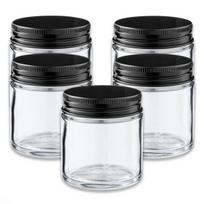 100 ml talpos bespalvis stiklinis indelis su juodu aliumininiu dangteliu, 5 vnt. rinkinys.