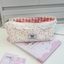 Lace Trim Pink Floral Pencil Bag Ins Style Cute Girls Stationery Organizer Large Capacity Pen Pouch School Office Supplies white