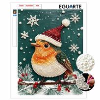 DIY Frameless Pearl Painting Kit Winter Robin Cozy Home Decor 3D Shiny Bead Art Canvas Relaxing Craft Gift for Adults 30x40cm beige
