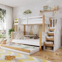 Bunk Bed, Fall Protection and Guardrail, Three Bed Positions, Trundle Bed, Door Panel Design, Staircase, Pine+MDF, White+Natural, 90x200&120*200cm 254 x 216.5 x 165 cm