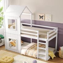 90*200cm Bunk Bed, Children's Bed, House Bed for Girls and Boys, with Ladder & Canopy, floor-level, solid wood, white[OLD SKU:3071489WAA]