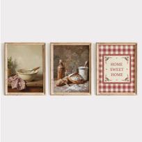 3 vnt. kaimiški virtuvės paveikslai Sodybos galerijos siena Vintažiniai duonos, miltų natiurmortas Raudonas languotas „Home Sweet Home“ paveikslas Skaitmeninė dekoracija 21X30CMNo Framed brown