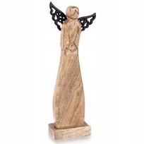 Medinė mango angelo statulėlė su metaliniais sparnais, 34 cm