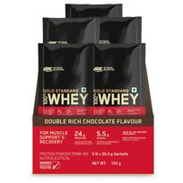 Optimum Nutrition (ĮJUNGTA) Aukso standarto 100% išrūgų baltymas - 5 x 30,4 g (Dvigubai turtingas šokoladas) Vienkartinės porcijos maišeliai, raumenų palaikymui ir atsistatymui, Ve