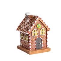 Luminous Gingerbread House Ornament Resin Collectible Christmas Village Cottage Statue LED Light Gingerbread House Figurines brown