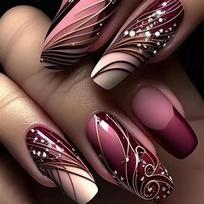 24Pcs Long Ballet Press On Nails, Burgundy Pink Ombre with Stripe & Rhinestone, Acrylic False Nails for Spicy Girls United States brown