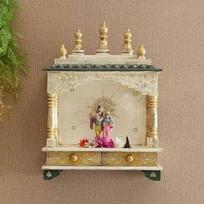 Embossed Painted Wood Mandir: Antique Finish Wall Shrine įvairiaspalvis