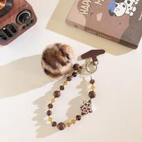 Trendy Ins Niche Design Pom Pom Pendant - Star Beaded Chain Short Wristband/Phone Lanyard Universal Anti-Theft/Anti-Snatch beige