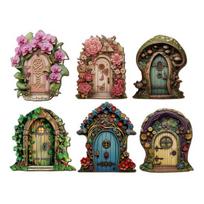 6 Pcs Fairy Doors, Wooden Miniature Fairy Garden Doors, Outdoor Mini Tree Gate Decoration for Tree Trunk, Stump, Wall Decor, Gnome House Accessories A beige