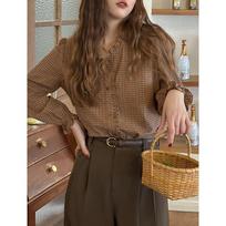 Retro Fungus Plaid Long-sleeved Shirt for Women in Autumn New V-neck Lining with Retro Top Orange and Brown Tones S oranžinė