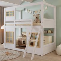 Bunk Bed, Children's Bed, With Beautiful Windows, Sturdy Ladder, With Four-Sided Fencing, Pine + MDF + Plywood, White+Natural, 90x200cm 205 x 152.5 x 185 cm
