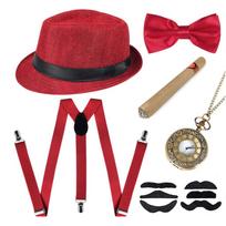 Retro Cosplay Women Gangster Costume, Hat, Tie,Tie Clips, Pocket Watch 1920s Men Costume Fancy Dress Accessories Sets 5 red