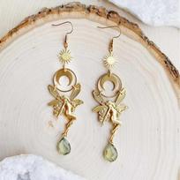 Forest Elf Green Crystal Bohemian Sun Moon Earrings beige