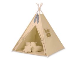 Tipi palapinė vaikams + kilimėlis + pagalvės + plunksnų pakabukai - smėlio spalvos