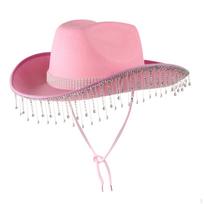 Klasikinė rožinė vakarietiška kaubojiška skrybėlė moterims, puikiai tinka Helovino vakarėliams White Rhinestones pink