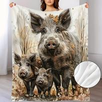1pc European Boar Design Fleece Blanket - Soft Warm All-Season Throw with Autumn Forest Print, Machine Washable for Home, Office, Camping & Gifts, Off 75X95CM gray