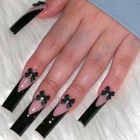 Long Black French Bow Nail Tips Press-On False Nails Sweet Cool Style Women Gel Type gray
