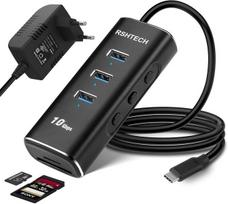 Rshtech aliumininis 5-in-1 usb 3.2 gen2 aktyvusis šakotuvas su maitinimo šaltiniu, sd/tf kortelių skaitytuvas, 3 x 10gbps duomenų prievadai, 10 w 5 v/2 a maitinimo šaltinis ir 60 cm kabelis (c tipo į a tipą)