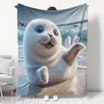 A Set of Adorable Baby Seal Animal-themed Flannel Throw Blankets, Air-conditioning Blankets, Flannel Dormitory and Office Nap Blankets, Printed Blanke 75X95CM gray