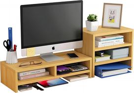 Monitoriaus laikiklis Azatemgo medinis kompiuterio monitoriaus stovas su lentynomis, skirtas nešiojamam kompiuteriui, „imac“ kompiuteriui – natūrali spalva