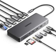 Ugreen Revodok Pro 313 usb c dokstotelė su trigubu ekranu, 10gbps usb prievadai, 13 viename usb c šakotuvas, 2 hdmi, dp, 5x usb a/c prievadai, pd 100w greitas įkrovimas, gigabitinis ethernet, sd/tf kortelių skaitytuvas, 3.5 mm aux