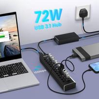 Rshtech usb 3.2 aktyvusis šakotuvas su maitinimo šaltiniu (72w 12v/6a), 2-in-1 duomenų kabelis (type c & type a) ir 13 x 10gbps usb 3.2 duomenų prievadas, aliumininis 13 prievadų usb 3.1 gen2 aktyvusis šakotuvas įkrovimui ir duomenims