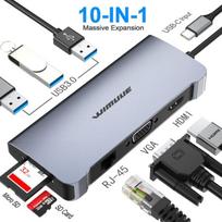 Usb c šakotuvas, wimuue 10-in-1 aliuminio adapteris su 100w maitinimo šaltiniu, rj45 ethernet, 4k hdmi, 3 usb 3.0 prievadais, sd/tf, usbc dongle, skirtas macbook pro/air thunderbolt 3 multiport dock usb type c nešiojamam kompiuteriui