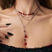 Dark Gothic Imitation Crystal Blood Drop Pendant Tassel Chain Multi-layer Choker Necklace for Women Hallowmas Party Jewelry Gift raudona