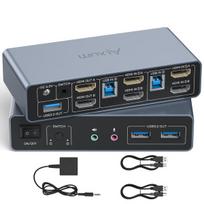 Alxum hdmi kvm jungiklis 2 monitoriams ir 2 kompiuteriams, dvigubo monitoriaus kvm usb perjungiklis, 4k@60hz, palaiko kopijavimo ir išplėtimo režimą, su usb 3.0 prievadais, darbalaukio valdikliu ir 2 usb kabeliais.