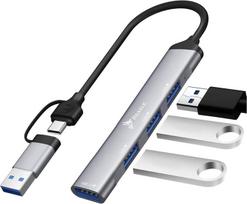 Reagle 4-in-1 Usb-c ir Usb-a šakotuvas - aliuminio šakotuvas su 4 Usb prievadais, 5Gb/s duomenų perdavimas, Plug & Play, kompaktiškas adapteris nešiojamam kompiuteriui ir išmaniajam telefonui, Usb 3.2 Gen 1 ir Usb 2.0, sidabrinis