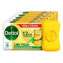 Dettol Lime Fresh (Citrinų vėsa) Maudymosi muilas su 12 valandų gaivumu (750g) |Ilgai išliekantis gaivumas, 150 g pakuotė po 5 vnt. yellow