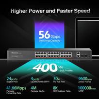 Mokerlink 24 portų gigabitinis Poe switch, 2 gigabitų ethernet uplink, 2 gigabitų Sfp, 400w Ieee802.3af/at, montuojamas į stelažą nevaldomas plug and play tinklo switch