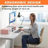 Monitoriaus laikiklis Oyrreu ekrano stovas 2 monitoriams, 92 cm monitoriaus stovas su stalčiumi, monitoriaus stovas stalui, medinis monitoriaus stovas televizoriui, kompiuteriui, 2 monitorių stovas (balta ir rožinė)