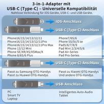 USB laikmena 3-in-1 Usb atmintinė 512gb su Usb-c adapteriu, atmintinė telefonui/android/planšetiniam kompiuteriui/pc/nešiojamam kompiuteriui, išorinė photostick - efektyvus duomenų/nuotraukų/video atsarginis kopijavimas, suderinama su Ios ir Android (juoda)