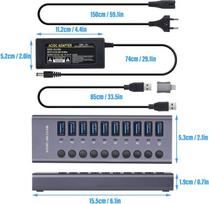 10 prievadų usb šakotuvas su maitinimo šaltiniu, 60w usb 3.0 usb prievadų šakotuvas, šakotuvas su atskirais maitinimo jungikliais, led indikatoriais, aliuminio lydinio korpusas, usb 3.0 dokas, 60w, 12v, 5a