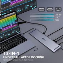 Qhou dvigubo monitoriaus dokas Usb C, 13-in-1 trigubo ekrano Usb C dokas su 2 Hdmi, Vga, Usb C prievadu, 4 Usb, Gigabit Ethernet, Audio, Sd/tf Thunderbolt 3, skirtas Windows